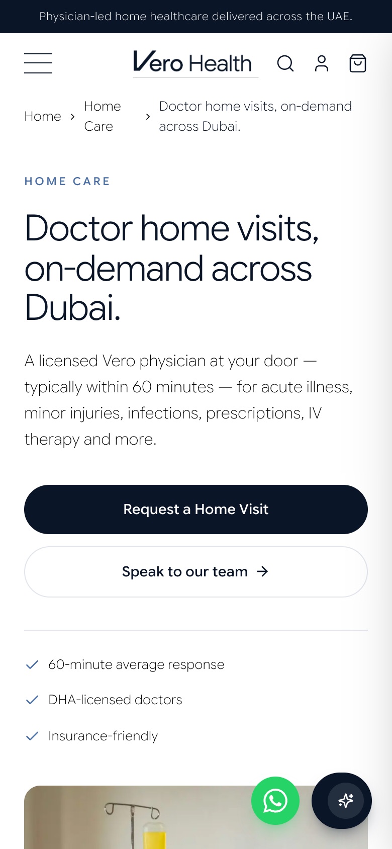 Vero Health’s doctor home visits page on a phone