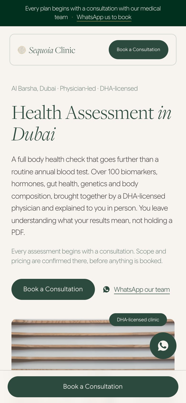 Health assessment landing page