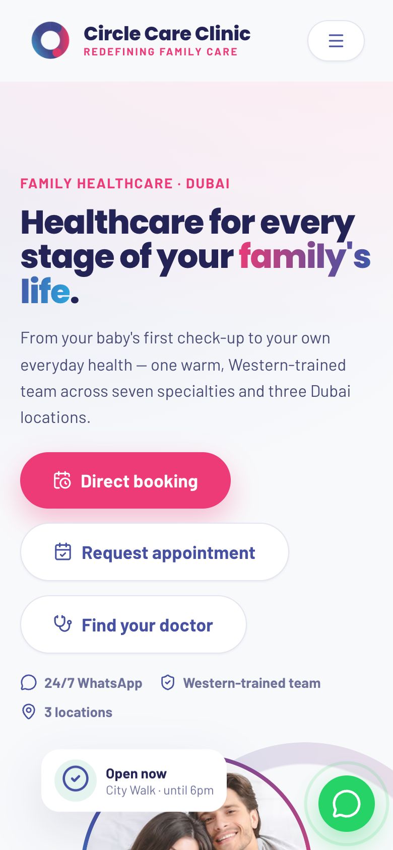 Circle Care Clinic’s home page on a phone, with direct booking