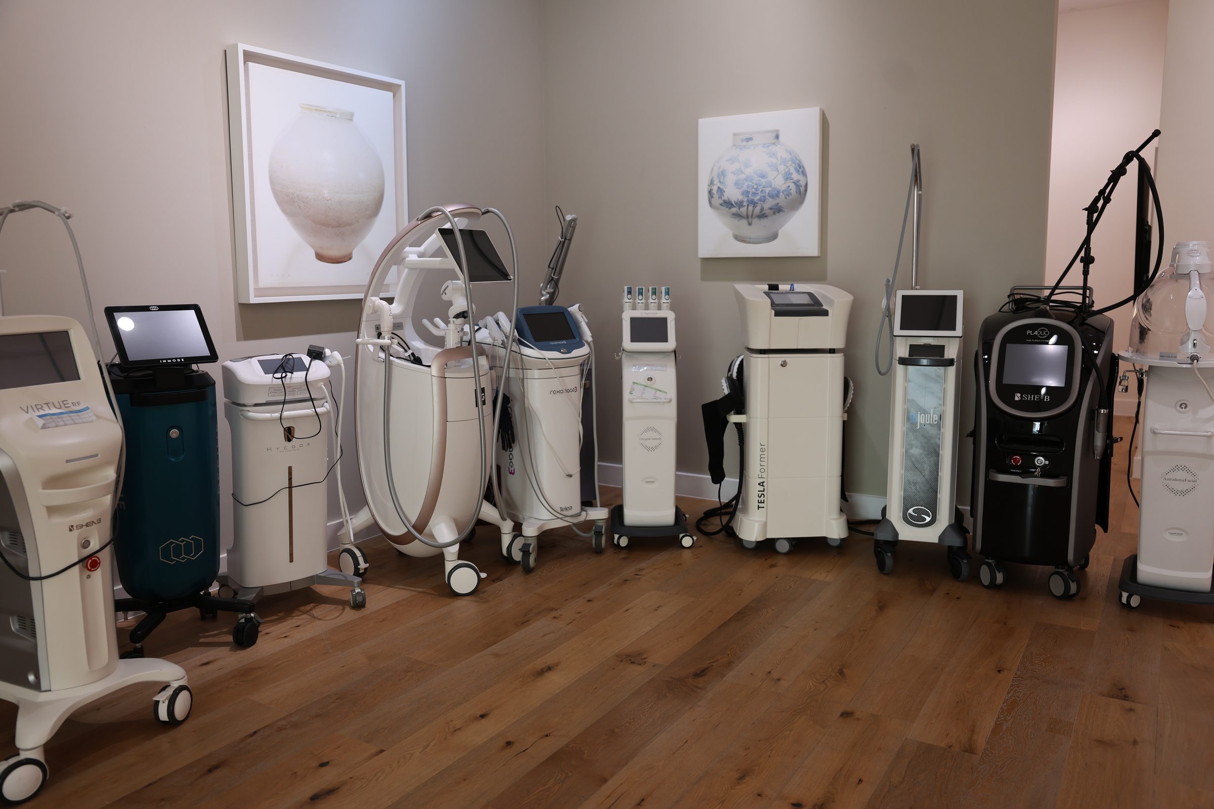 The clinic’s laser and energy devices lined up in one room