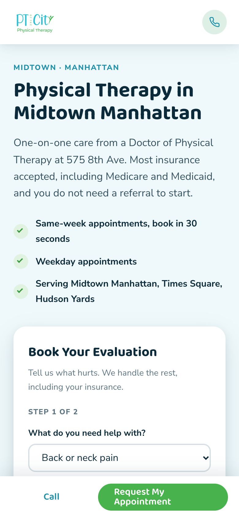 PT of the City’s Midtown clinic page on a phone, with a two-step booking form