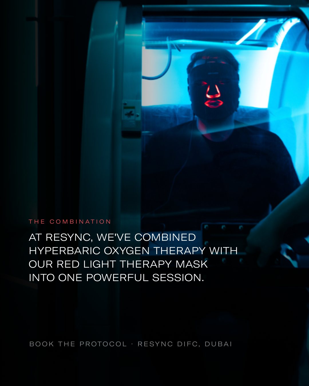 RESYNC Instagram slide about combining hyperbaric oxygen with a red light mask