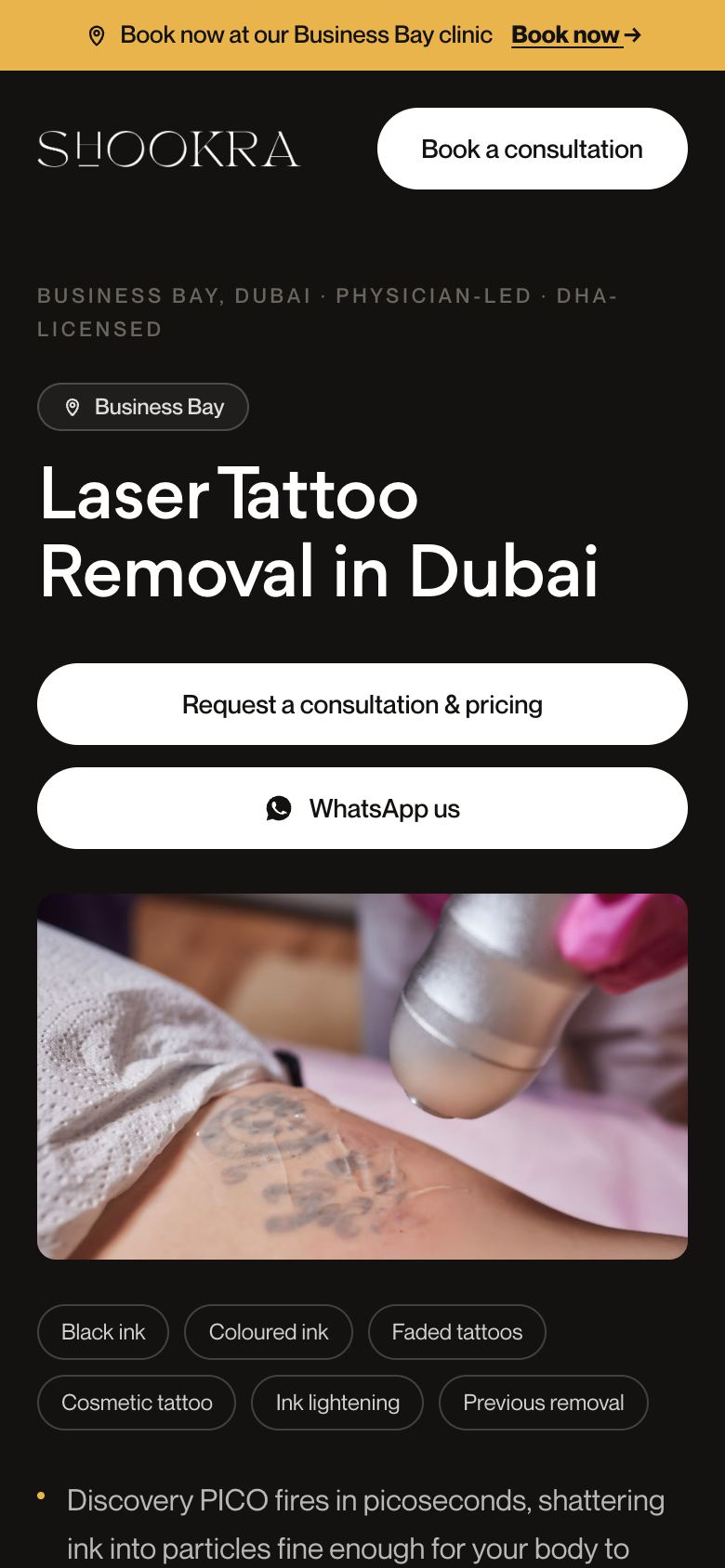 Tattoo removal landing page on a phone
