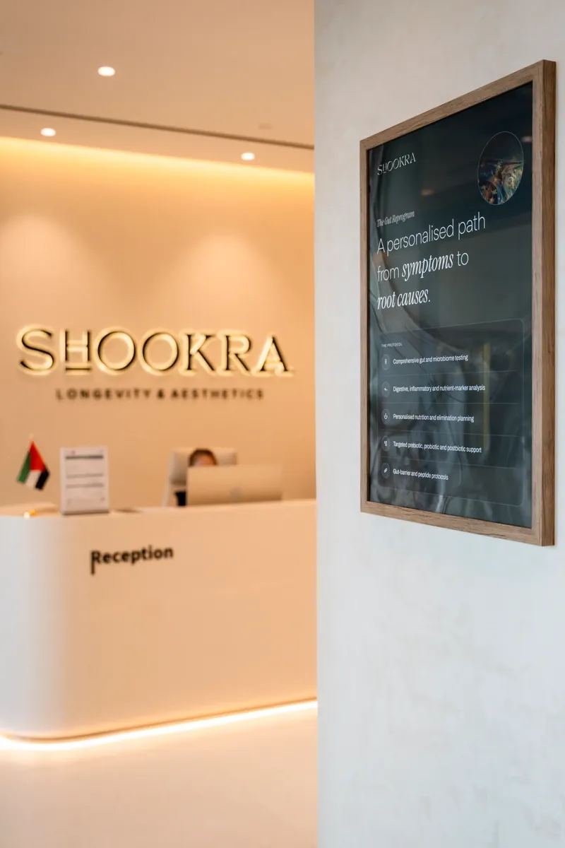 The Shookra Longevity & Aesthetics sign at the Palm Jumeirah reception