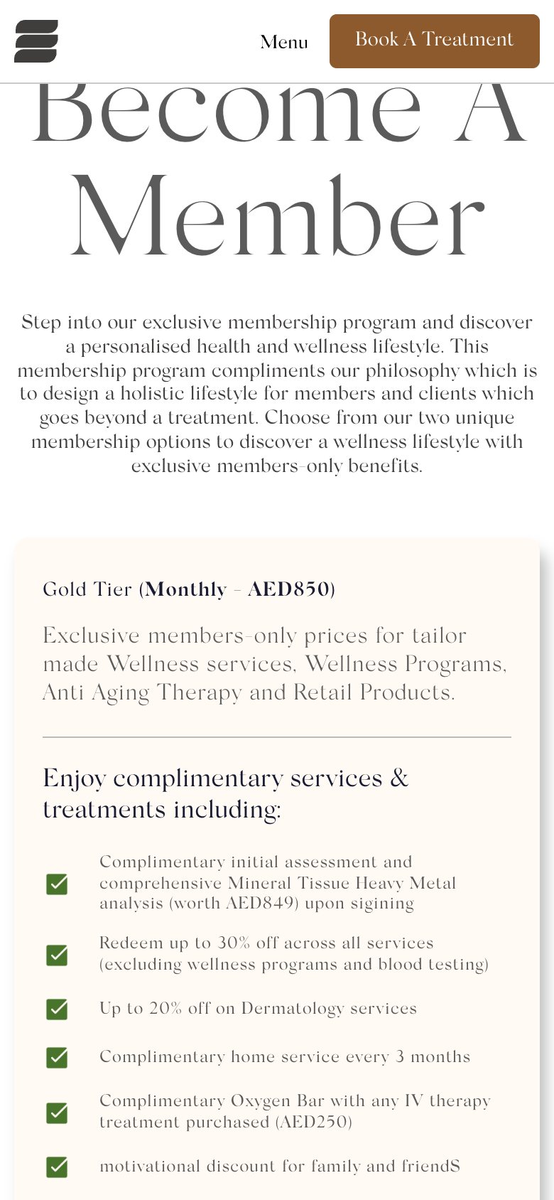 The Elixir Clinic’s membership page on a phone, with the Gold tier and its benefits